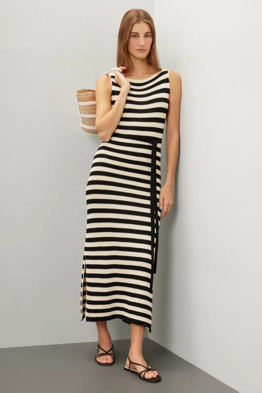 Jason Wu Striped Knit Dress Sleeveless Boat Neck Belted Tunic Midi Black Beige M